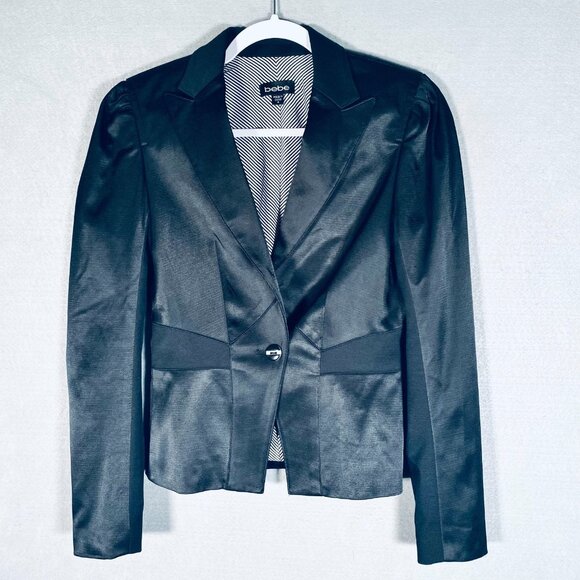Bebe Tuxedo Jacket Womens 4 Black Satin Single Button Blazer Career - Picture 1 of 11